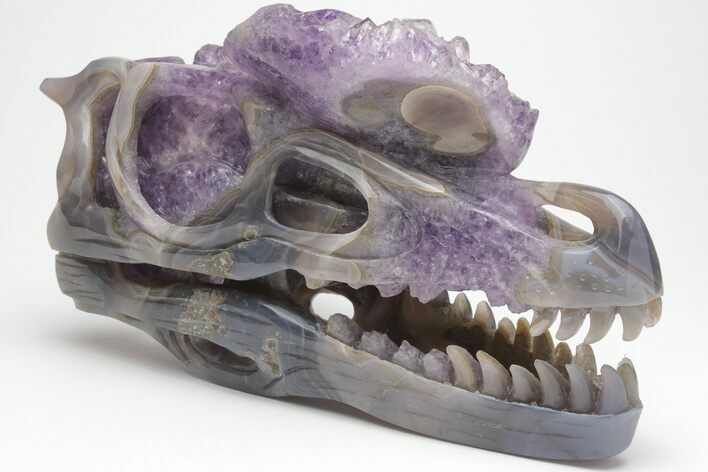 Carved, Amethyst Crystal Geode Dinosaur Skull - Roar! #208842